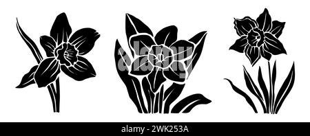 Ensemble de silhouettes noires de fleurs de jonquilles. Illustration de Vecteur