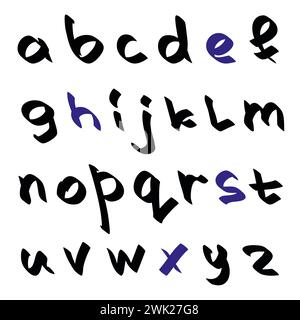 Vecteur alphabet grunge dessiné à la main avec des lettres inférieures. Police dessinée à l'encre avec des coups de pinceau secs. Petites lettres inclinées rugueuses isolées pour la conception. Illustration de Vecteur