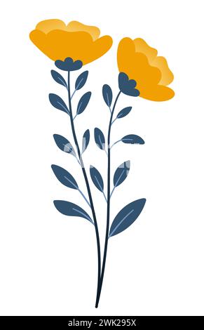 Bouquet de plantes et de fleurs jaunes dans un style plat sur fond blanc. Fleurs et herbes de prairie, feuilles et tulipes. Illustration vectorielle Illustration de Vecteur