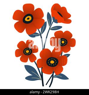 Bouquet de plantes et de fleurs rouges dans un style plat sur fond blanc. Fleurs et herbes de prairie, feuilles et coquelicots. Illustration vectorielle Illustration de Vecteur