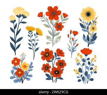 Ensemble de plantes sauvages et de fleurs dans un style plat sur fond blanc. Fleurs et bouquets de prairie, coquelicots, herbes, feuilles et tulipes. Vecteur Illustration de Vecteur