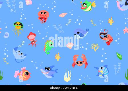 Modèle sans couture avec des animaux marins. Sous l'eau pour les enfants literie tissu papier peint emballage et papier textile, t-shirt imprimé illustration vectorielle .. Illustration de Vecteur