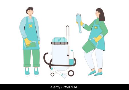 Équipe du service de nettoyage. Les jeunes hommes et les jeunes femmes travaillent à la maison. Les concierges avec des outils d'entretien ménager isolés. Personnages debout avec aspirateur humide Illustration de Vecteur