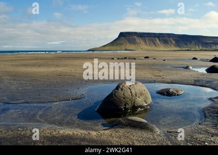 Plage de sable noir avec des rochers et des réflexes en rocade en Islande avec falaises, océan et herbe verte pendant une journée ensoleillée Banque D'Images