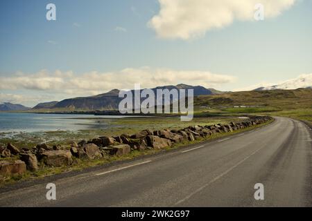 Plage de sable noir avec des rochers et des réflexes en rocade en Islande avec falaises, océan et herbe verte pendant une journée ensoleillée Banque D'Images