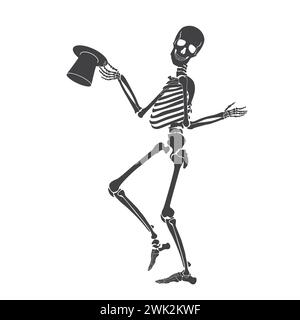 Danse du squelette noir, personnage fantôme d'Halloween effrayant marchant avec illustration vectorielle de chapeau Illustration de Vecteur