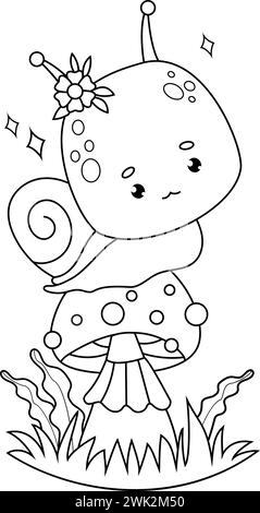 Personnage mignon d'escargot. Insecte comique sur champignon. Dessin au trait, livre de coloriage. Collection enfants. Illustration vectorielle Illustration de Vecteur