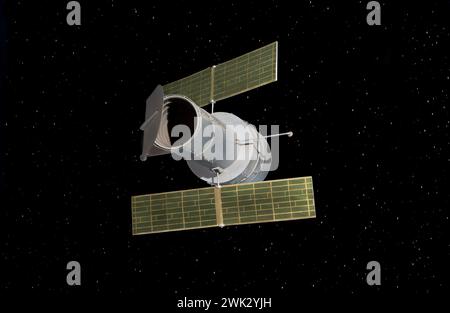 Modèle de télescope spatial réfléchissant Hubble contre les étoiles. Lancé depuis la navette spatiale 1990 de la NASA. Orbite au-dessus de l'atmosphère terrestre toutes les 97 minutes Banque D'Images