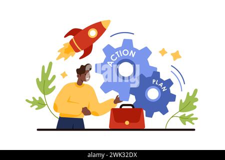 Processus de mise en œuvre, stratégie de développement de projet commercial. Minuscule homme d'affaires travaillant pour déplacer des vitesses avec le texte d'action et de plan, mettre en œuvre l'illustration vectorielle de dessin animé d'opération stratégique efficace Illustration de Vecteur