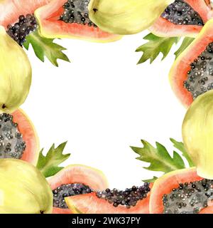 Cadre aquarelle de fruits de papaye tropicale. Bordure carrée avec papaye mûre et différentes tranches et feuilles vertes pour l'emballage, étiquette, logo, cocktails desi Banque D'Images