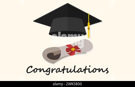 Modèle de carte de félicitations avec chapeau de graduation et certificat. Illustration vectorielle. Illustration de Vecteur