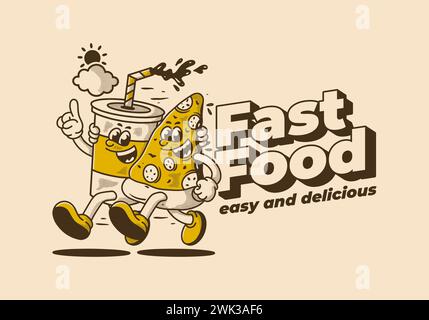 Restauration rapide, facile et délicieux. Illustration de personnage de mascotte de courir pizza et boisson non alcoolisée Illustration de Vecteur