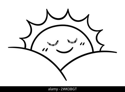 Simple lever de soleil doodle, joli dessin animé lever soleil avec le visage souriant. Dessin au trait noir et blanc, illustration vectorielle. Illustration de Vecteur