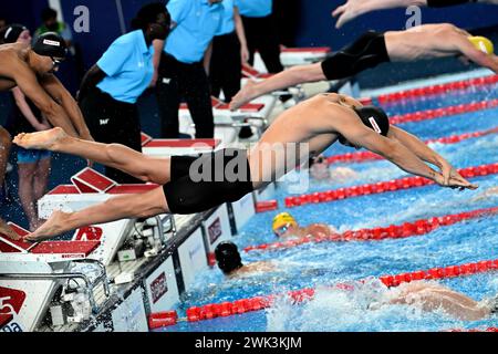 Doha, Qatar. 17 février 2024. Manuel frigo, Italien, participe à la finale du relais mixte 4x100m Freestyle lors des 21es Championnats du monde de natation à l’Aspire Dome à Doha (Qatar), le 17 février 2024. L'Italie s'est classée 5e. Crédit : Insidefoto di andrea staccioli/Alamy Live News Banque D'Images