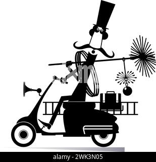 Balayeuse de cheminée de dessin animé monte sur le scooter. Balayeuse de cheminée sur le scooter avec corde, brosse de cheminée, échelle. Illustration en noir et blanc Illustration de Vecteur