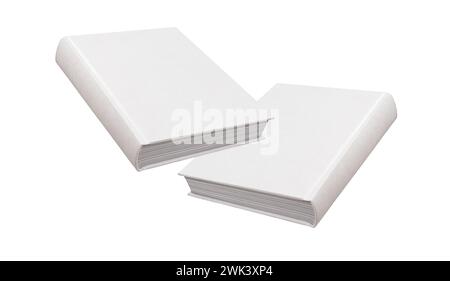 Maquette de couverture de livre vierge, avant et arrière. Maquette à couverture rigide, vue inclinée, isolée sur blanc. Banque D'Images