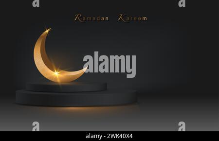 Ramadan Luxury podium islamique avec croissant de lune en or, cadre rond islamique traditionnel. Bannière arabe horizontale 3D pour la vitrine du produit Illustration de Vecteur