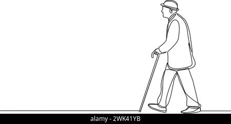 dessin continu d'un homme âgé marchant avec une canne, illustration vectorielle d'art au trait Illustration de Vecteur
