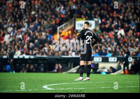 Giorgi Mamardashvili de Valencia CF vu en action lors de la Liga EA Sport saison régulière Round 25 entre Valencia CF et Sevilla FC au stade Mestalla. Score final : Valencia CF 0 : 0 Sevilla FC. Banque D'Images