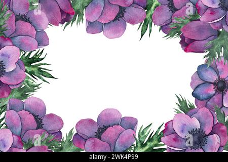 cadre avec bouquet de fleurs d'anémone dans des couleurs violettes vives. Illustration florale à l'aquarelle dessinée à la main. Modèle botanique avec espace pour le texte pour Banque D'Images
