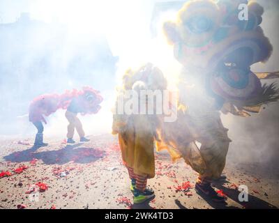 Boston, Massachusetts, États-Unis. 18 février 2024. Des artistes portant des costumes de lion pour deux personnes dansent alors qu'ils sont entourés de fumée à la parade de danse du lion du nouvel an chinois de Boston dans le quartier Chinatown de Boston, Massachusetts, le dimanche 18 février 2024. (Crédit image : © Andrew Burke-Stevenson/ZUMA Press Wire) USAGE ÉDITORIAL SEULEMENT! Non destiné à UN USAGE commercial ! Crédit : ZUMA Press, Inc/Alamy Live News Banque D'Images