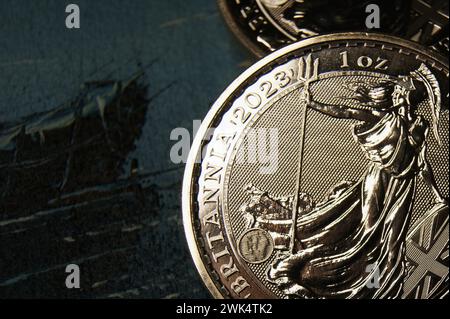 Royaume-Uni pièce en argent pur Britannia 1oz 2023. Gros plan. Banque D'Images