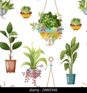 Motif sans couture. Plante d'intérieur et plante macramée poussant dans des pots. Ensemble de décorations de maison faites à la main plantes macramé isolé sur fond blanc. Dessin animé Illustration de Vecteur