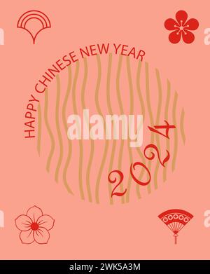 Bonne année chinoise. Conception d'affiche ou de bannière verticale, éléments orientaux traditionnels de style minimal. Carte de voeux festive. Clipart asiatique avec des fleurs et du texte, modèle de cadre. Illustration vectorielle Illustration de Vecteur