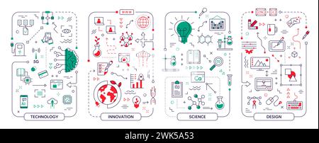 Technologie créative. Icônes de travail numérique. Infographie de projet d'équipe d'affaires de recherche et de communication. Tableau de brainstorming. Développement des connaissances. Analyses scientifiques. Ensemble d'éléments abstraits vectoriels Illustration de Vecteur