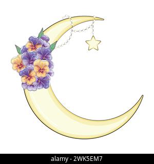 Croissant de lune décoré de fleurs, feuilles anémone, pivoine, magnolia, violette, un beau bouquet Illustration de Vecteur