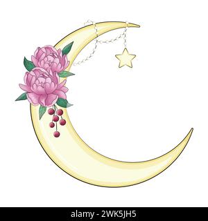 Croissant de lune décoré de fleurs, feuilles anémone, pivoine, magnolia, violette, un beau bouquet Illustration de Vecteur