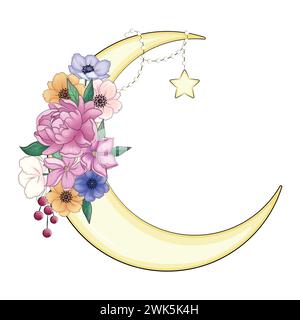 Croissant de lune décoré de fleurs, feuilles anémone, pivoine, magnolia, violette, un beau bouquet Illustration de Vecteur