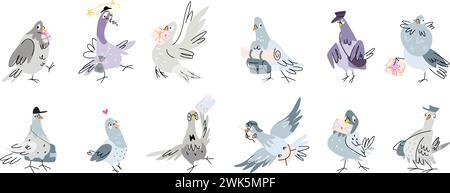 Post pigeon. Transporteur de colombe de dessin animé avec colis et enveloppes. Drôle de pigeons isolés clipart. La livraison et la communication de courrier rétro, aujourd'hui ensemble vectoriel Illustration de Vecteur