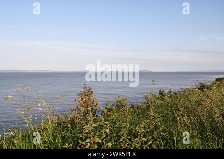 Îles de Flat Holm et Steep Holm dans l'estuaire de la Severn de Lavernock point Wales UK, paysage marin de la côte galloise Banque D'Images