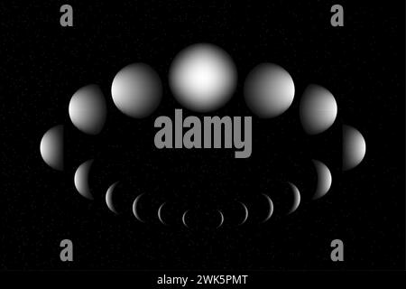 Cercle de phases de lune, carte vectorielle d'astronomie du calendrier, roue lunaire isolée sur fond de galaxie noire étoilée Illustration de Vecteur