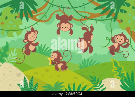 Singes dans la forêt tropicale. Singe de dessin animé accroché sur la vigne, jungle sauvage personnages drôles. Animaux de la forêt tropicale, illustration vectorielle enfantine de nos jours Illustration de Vecteur