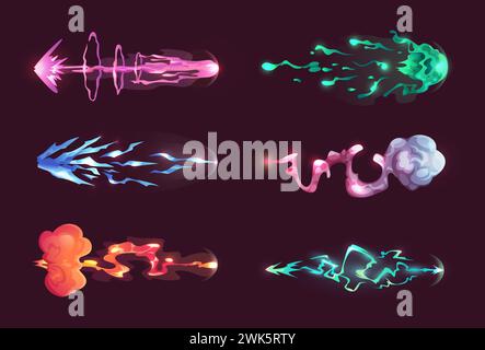 Effet de prise de vue. Dessins animés vfx effets lumineux de tir de pistolets laser SCI fi éclaboussures de modèles vectoriels exacts d'armes fantastiques Illustration de Vecteur