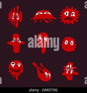 Émoticônes de personnages de sang provenant d'un ensemble de dessins animés vectoriels de gouttes de sang liquide circulant Illustration de Vecteur