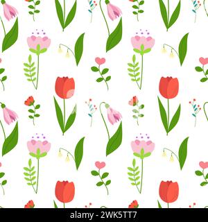 Motif sans couture de fleurs de printemps, branches florales et feuilles vertes. Ornement botanique multicolore à fleurs. Vecteur plat sur fond blanc Illustration de Vecteur