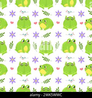 Motif sans couture de jolies grenouilles vertes entourées de fleurs de printemps. Personnages Kawaii dans le style de dessin animé. Emballage de motif sur fond blanc Illustration de Vecteur