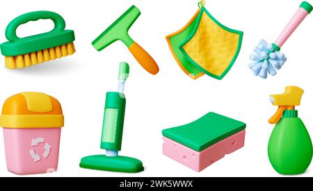 Rendu des outils ménagers 3D. Seau à ordures, balai et éponge, brossez un aspirateur. Le service de nettoyage a isolé des éléments réalistes, ensemble vectoriel pieux Illustration de Vecteur
