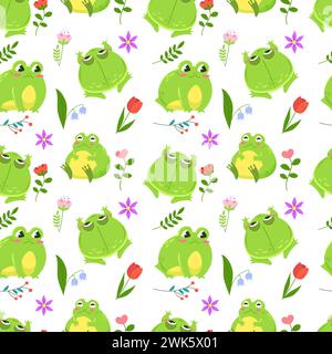 Motif sans couture de jolies grenouilles vertes entourées de fleurs de printemps. Personnages Kawaii dans le style de dessin animé. Emballage de motif sur fond blanc Illustration de Vecteur