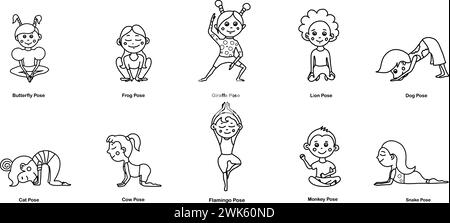 Ensemble de poses animales de yoga pour enfants ou asanas. Illustration de dessin animé vectoriel dans le style doodle. Illustration de Vecteur