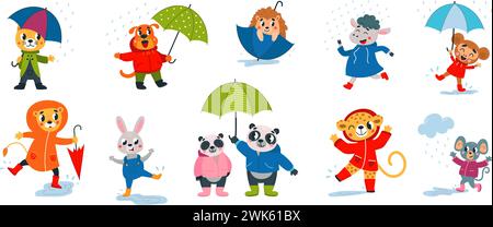 Animaux drôles au jour de pluie. Pluie saisonnière, animal porter un imperméable et tenir un parapluie. Personnages sauvages de dessin animé plat, panda, lion, ensemble vectoriel chic de chat Illustration de Vecteur