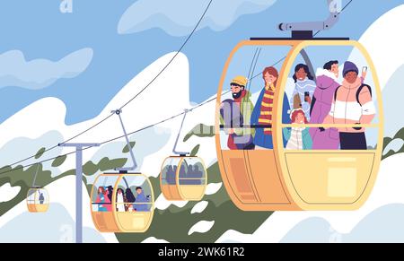 Des gens sur téléphérique. Diversité touristes s'élevant à la montagne dans la cabine de tramway de téléphérique, paysage panoramique de station de ski de snowboard, homme de femme au téléphérique illustration vectorielle chic des vacances de téléphérique Illustration de Vecteur