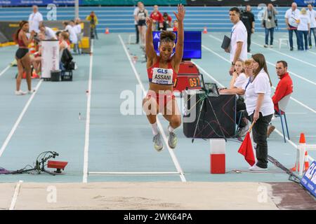 Leipzig, Allemagne. 18 février 2024. Leipzig, Allemagne, le 18 février 2024 : Mikaelle Assani (SCL Heel Baden-Baden) lors de la finale du saut en longueur des Championnats allemands d'athlétisme en salle 2024 au quaterback Immobilien Arena, Leipzig (Sven Beyrich/SPP) crédit : SPP Sport Press photo. /Alamy Live News Banque D'Images