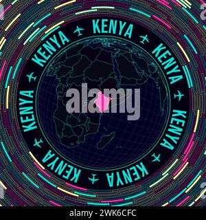 Kenya sur le globe. Vue satellite du monde centrée sur le Kenya. Style néon lumineux. Fond futuriste de briques radiales. Illustration de Vecteur