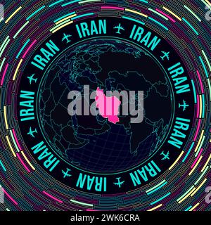 L'Iran sur le globe. Vue satellite du monde centrée sur l'Iran. Style néon lumineux. Fond futuriste de briques radiales. Illustration vectorielle créative. Illustration de Vecteur