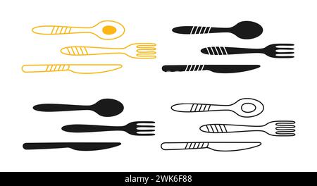 Enseigne restaurant avec cuillère, fourchette et couteau. Couverts de cuisine et icône linéaire de vaisselle, ensemble de symboles de dessin animé. Manger ustensiles de table symbole simple pour infographie, logo d'application de site Web. Illustration vectorielle Illustration de Vecteur