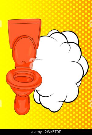 Toilette Flush de dessin animé avec bulle de discours vierge, fond de salle de bains de bande dessinée. Design pop art de bandes dessinées vectorielles rétro. Illustration de Vecteur